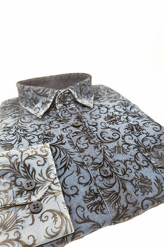 Men's Denim Button Down Shirt With Floral Flocking
