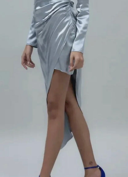 Asymmetrical Flair Hem Satin Midi Dress