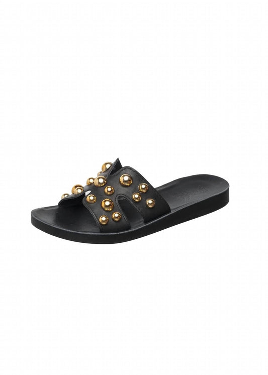 Women's Leather H-strap Slide Sandals With Studs