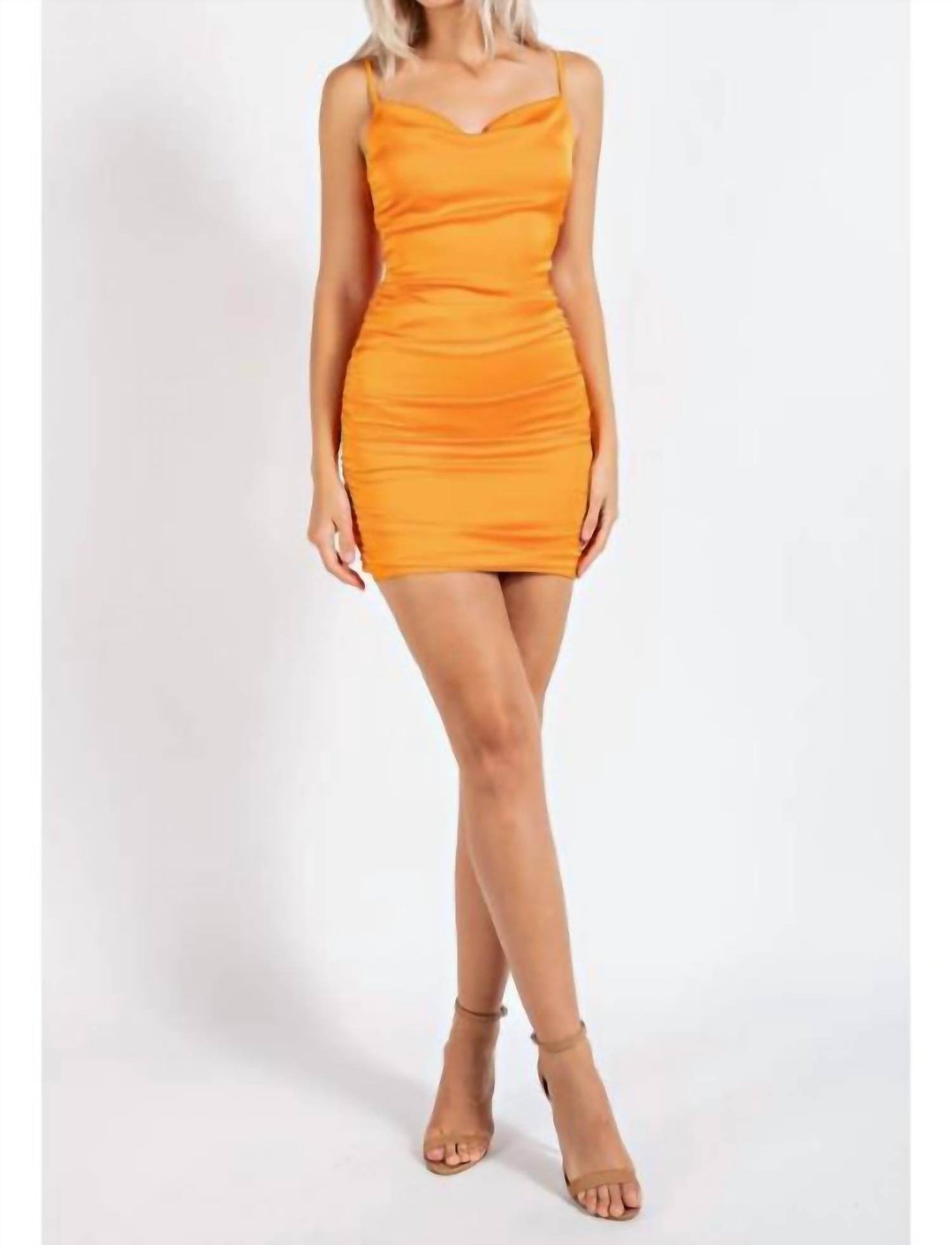 Cason Couture - The Charlize Satin Ruched Stretch Bodycon Mini Dress - Rack Hunt -