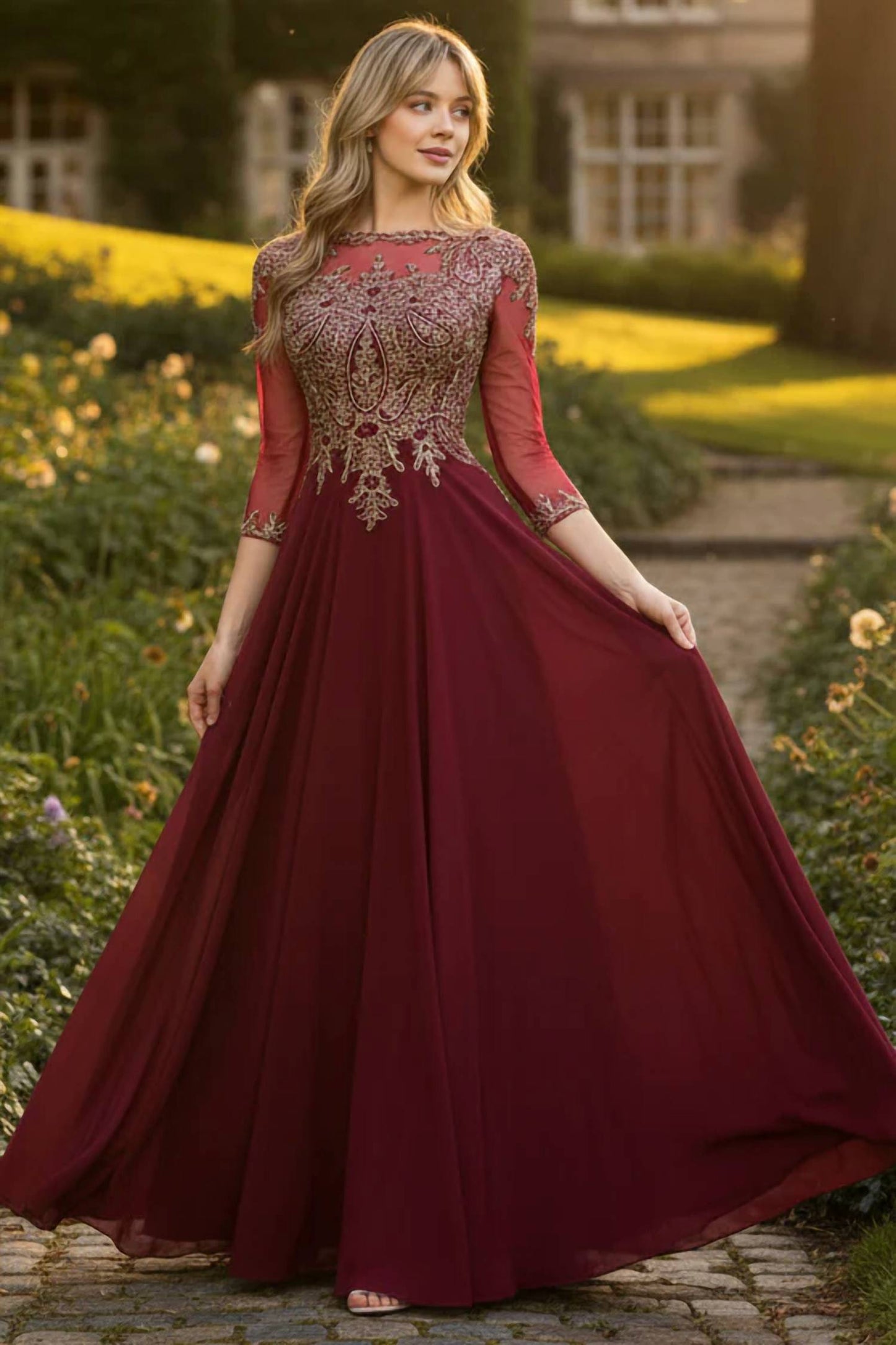 Mother Of The Bride 3/4 Sleeve Modest Evening Gown