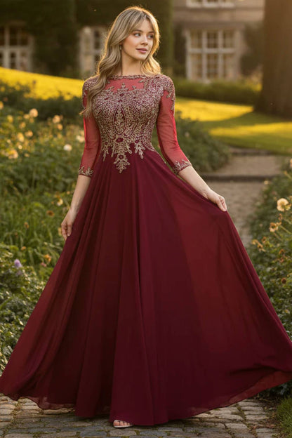 Mother Of The Bride 3/4 Sleeve Modest Evening Gown