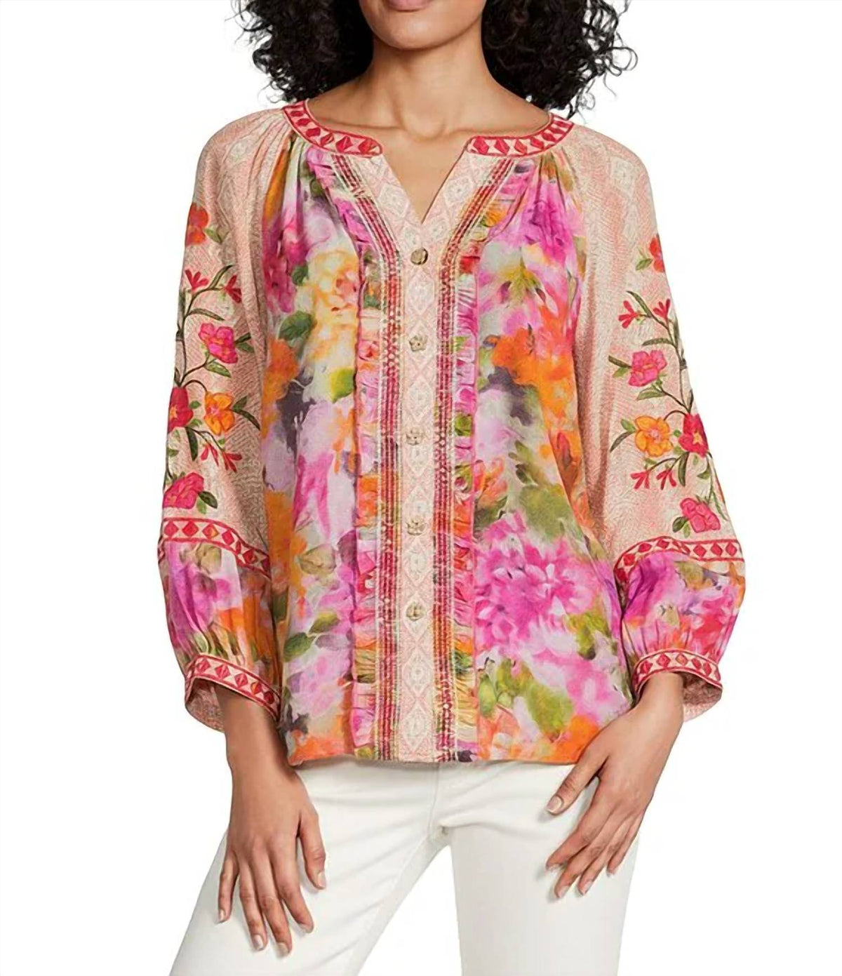 Split V-neck 3/4 Cuff Sleeve Hi-low Hem Button Front Top