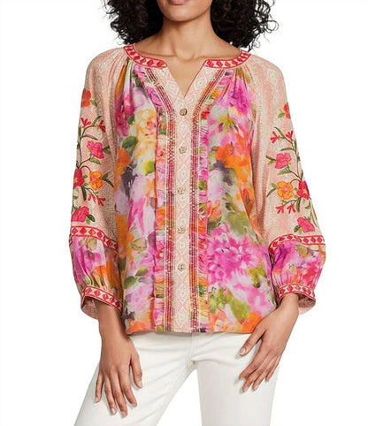 Split V-neck 3/4 Cuff Sleeve Hi-low Hem Button Front Top