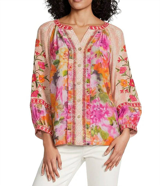 Split V-neck 3/4 Cuff Sleeve Hi-low Hem Button Front Top