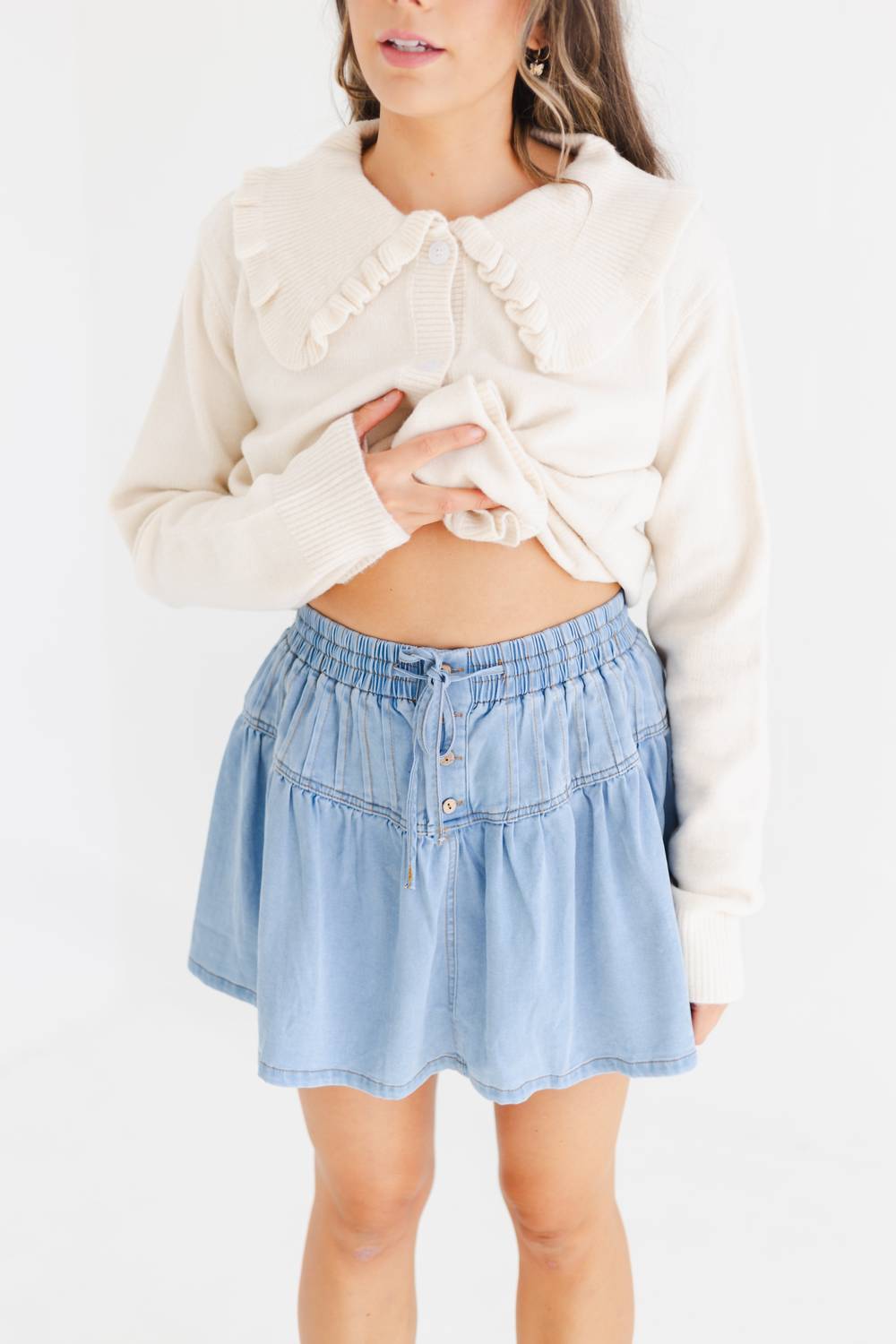 Women's Denim Stretch Soft Denim Pintuck Flare Mini Skirt