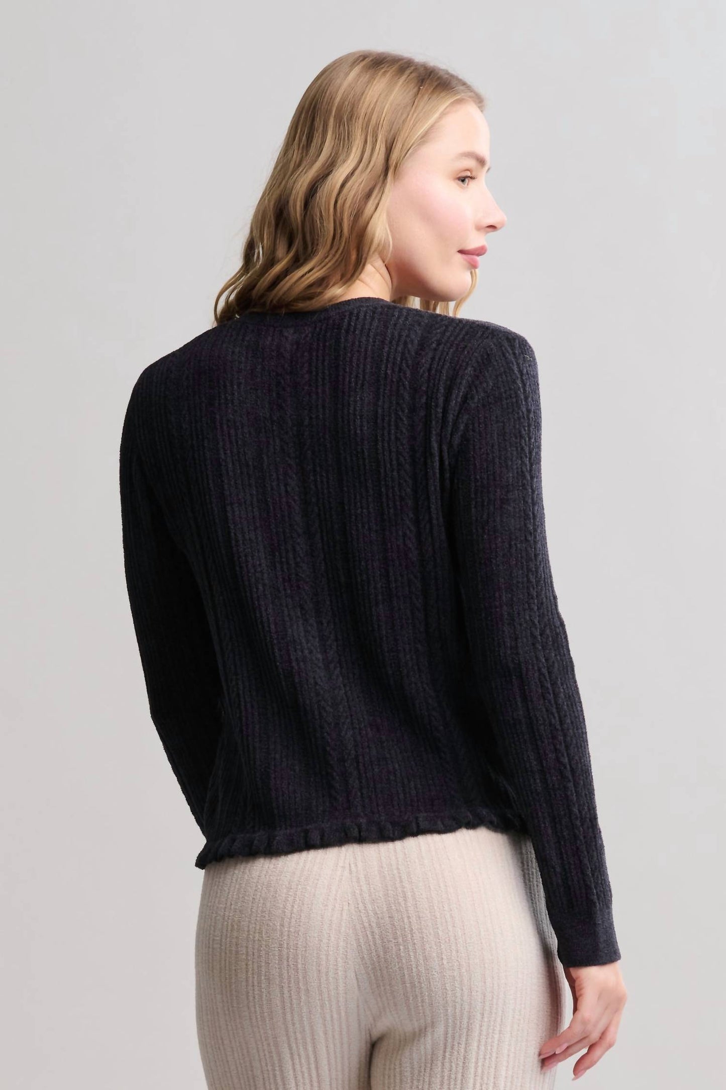 Cozychic Ultra Lite Cable Knit Cardigan With Ruffle