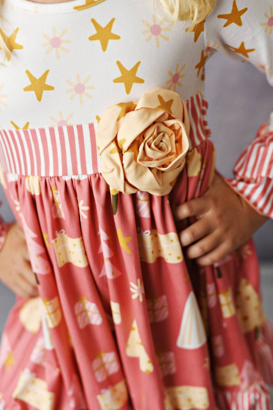 Girls Winter Holiday Christmas Tree Rosette Dress