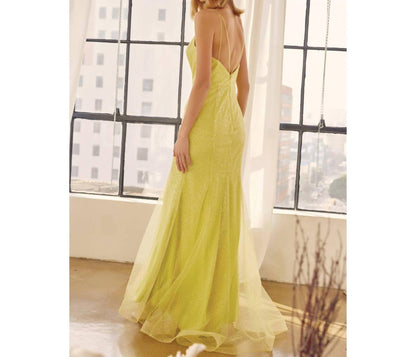 Glitter Mesh Fitted Evening Prom Gown