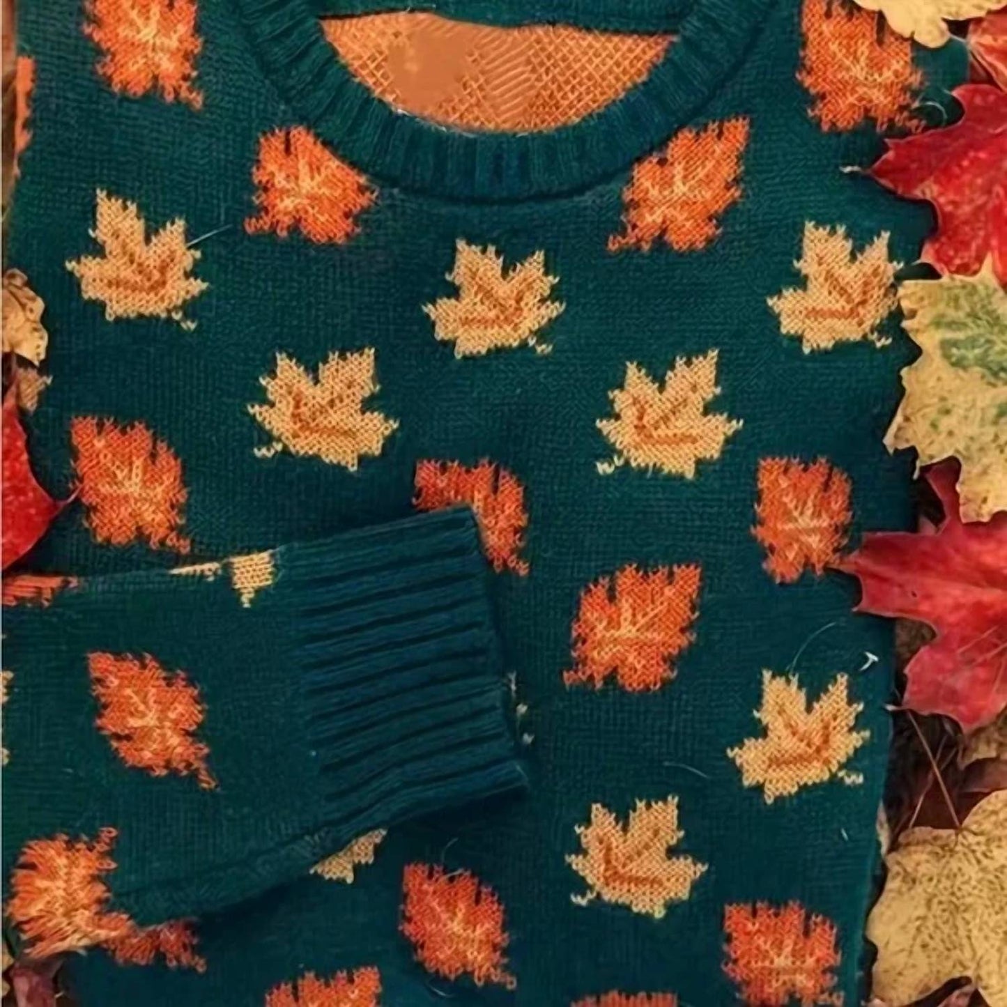 Women's Autumn Leaf Print Crew Neck Sweater