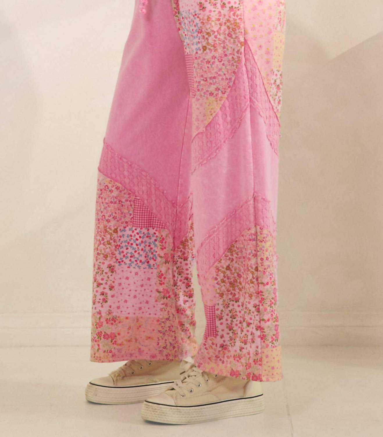 Mineral Washed Spring Picnic Print Lace Pants