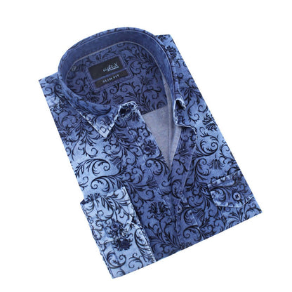 Denim Button Down Shirt With Baroque Print Flocking