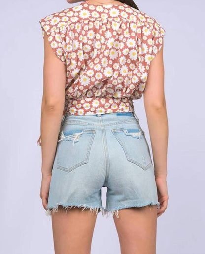 Women's Daisy Print Cotton Wrap Blouse