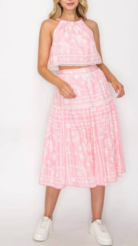 Placement Print Halter Top And Skirt Set