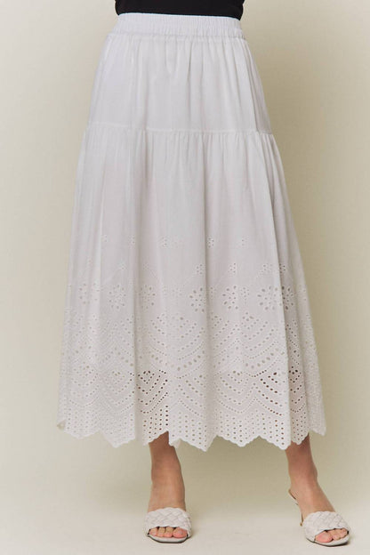 Tiered Eyelet Scalloped Midi Skirt