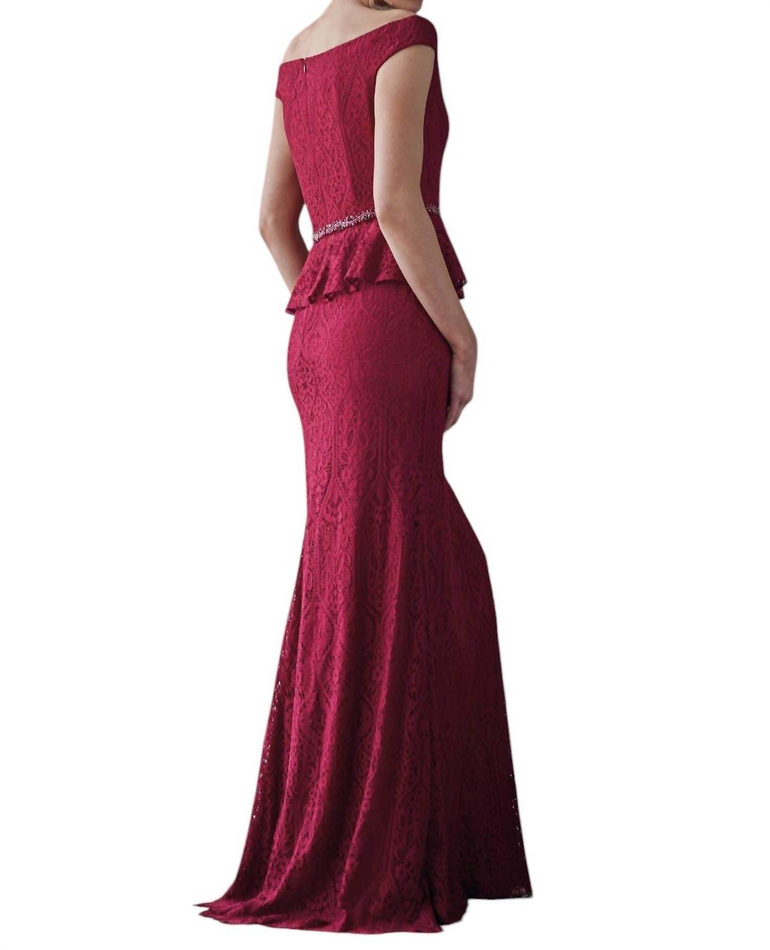 Jade Couture - Lace MOB Dress with Peplum & Portrait Neckline - Rack Hunt