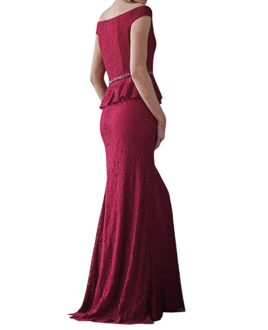 Jade Couture - Lace MOB Dress with Peplum & Portrait Neckline - Rack Hunt