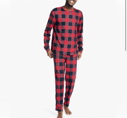 Men's Long Sleeve Crew Tee And Jogger Waffle Knit Plaid Pajama Pant Set