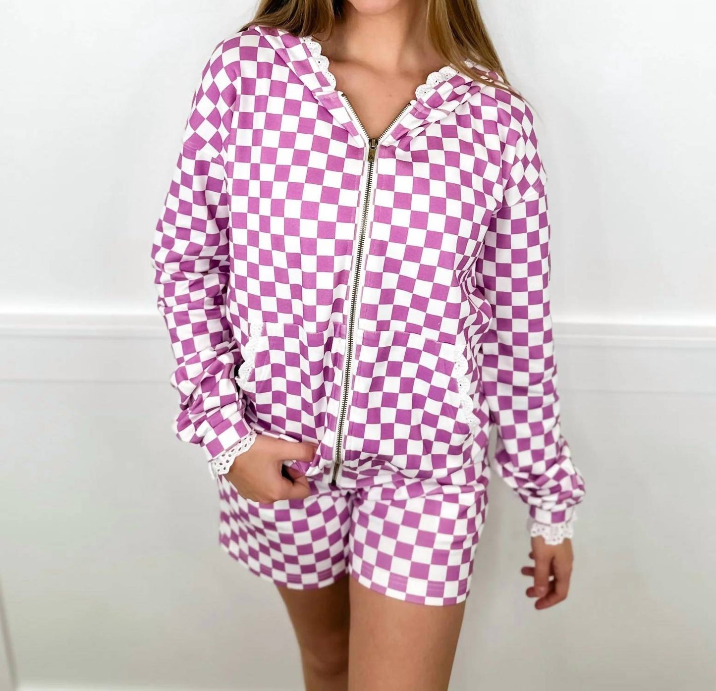 Checkered High-rise Cotton Blend Shorts