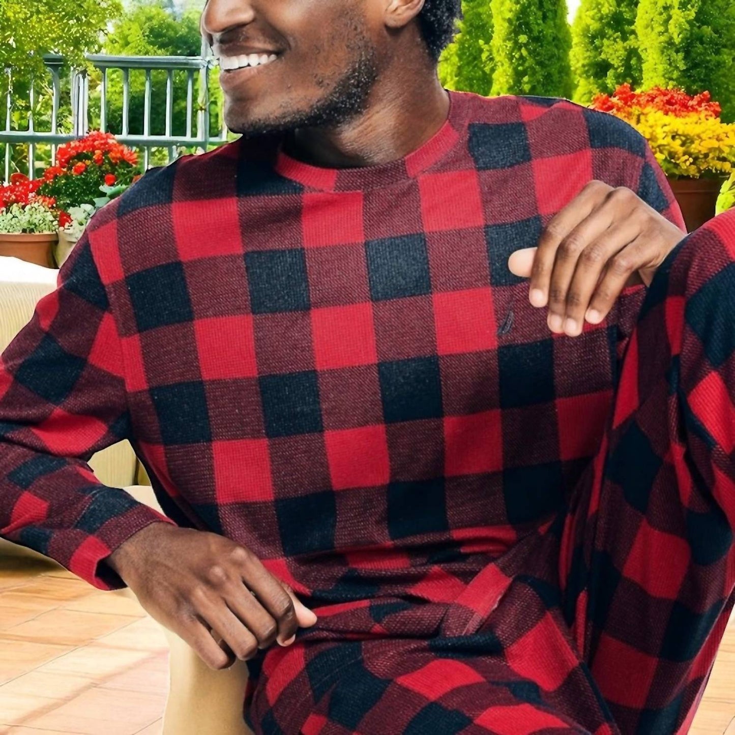 Men's Long Sleeve Crew Tee And Jogger Waffle Knit Plaid Pajama Pant Set