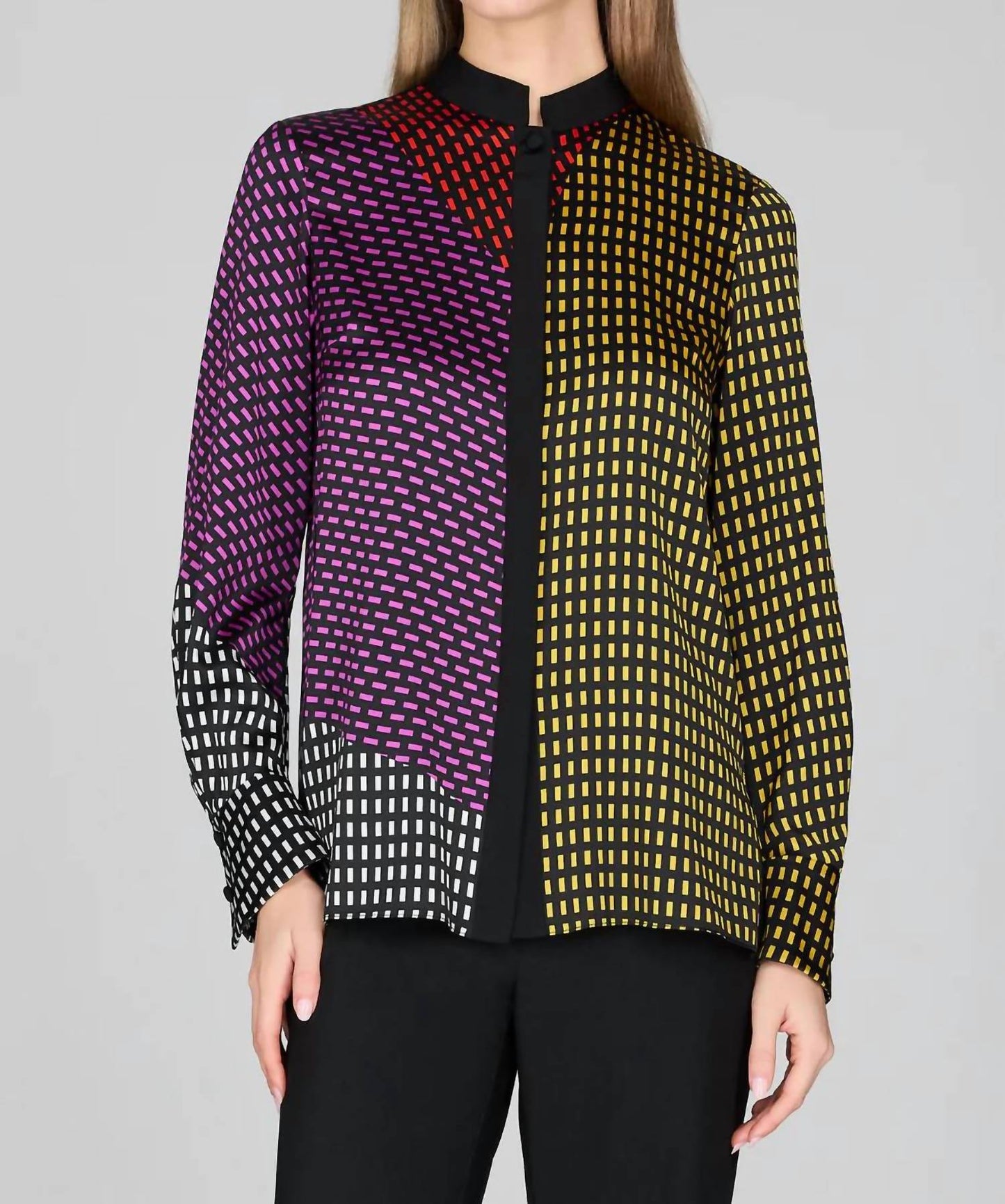 Stitch Print Silk Mandarin Collar Blouse with Relaxed Sleeve