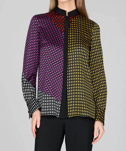 Stitch Print Silk Mandarin Collar Blouse with Relaxed Sleeve