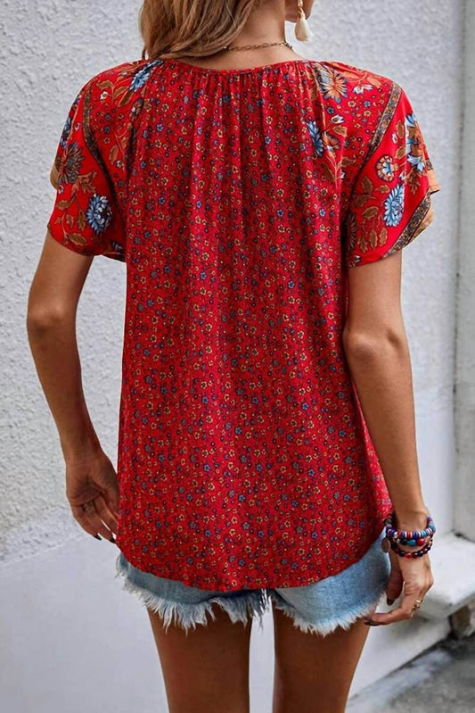 Comely Fashion - Floral Print V Neck Short Flare Sleeves Shirt - Rack Hunt -