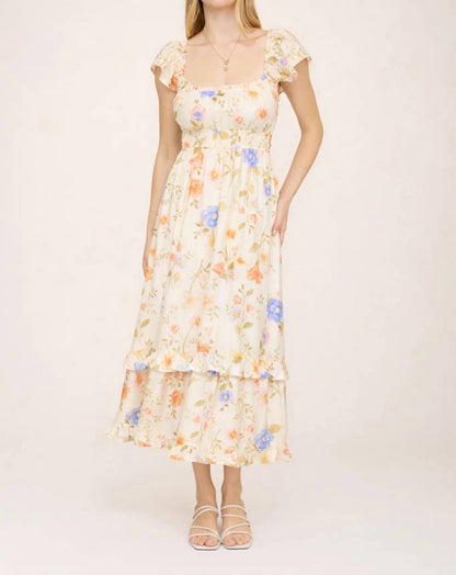 Floral Scoop Neck Ruffle Short Sleeve Midi Dress