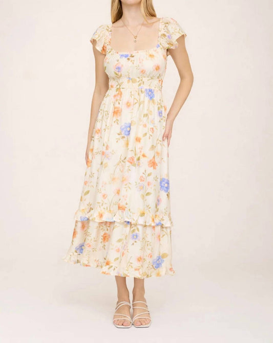 Floral Scoop Neck Ruffle Short Sleeve Midi Dress