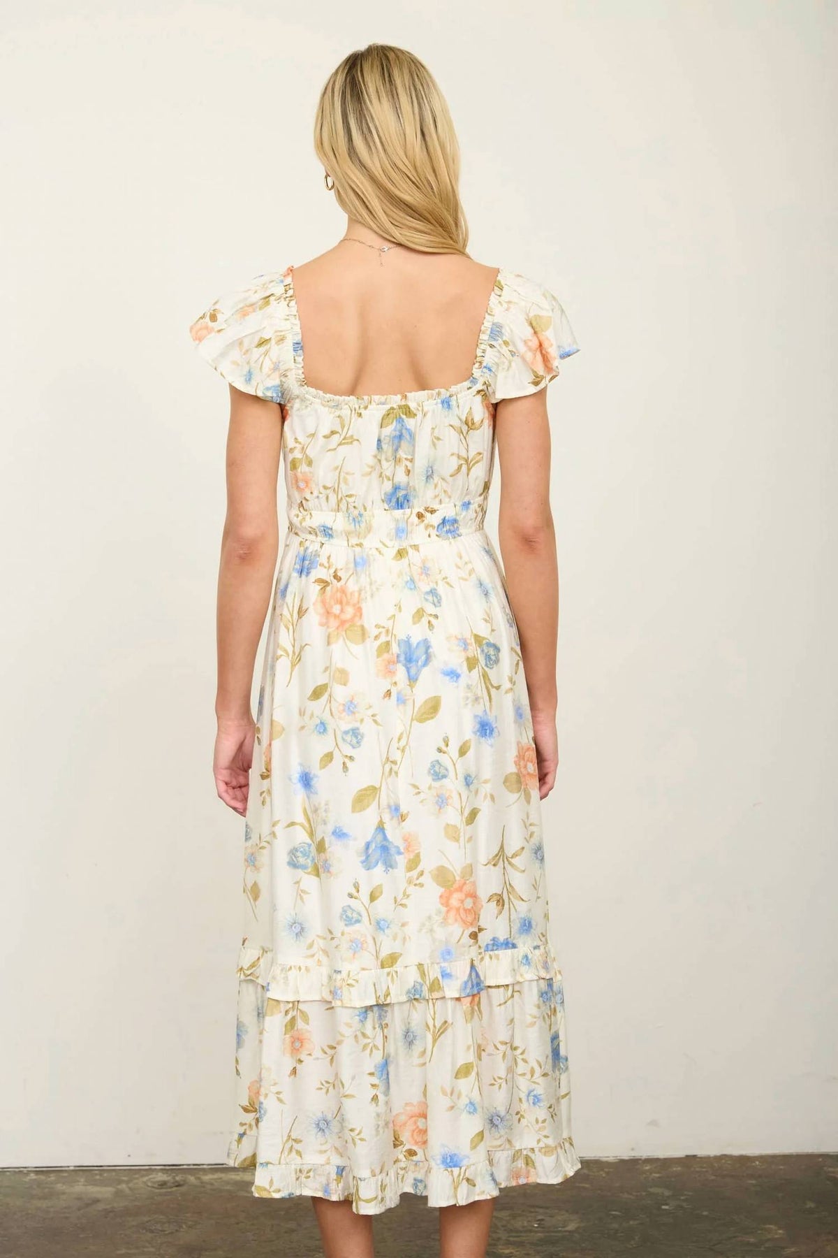 Floral Scoop Neck Ruffle Short Sleeve Midi Dress