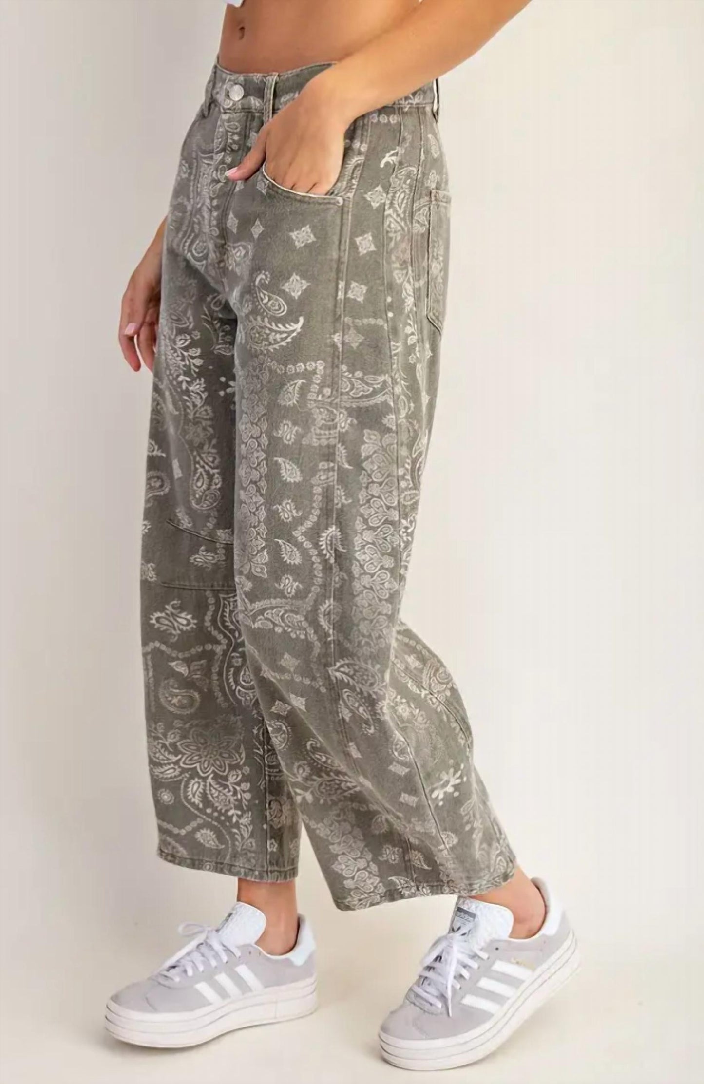 Maggie Mineral Washed Paisley Printed Barrel Jeans