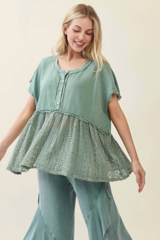 Mineral Washed Lace Babydoll Blouse Top