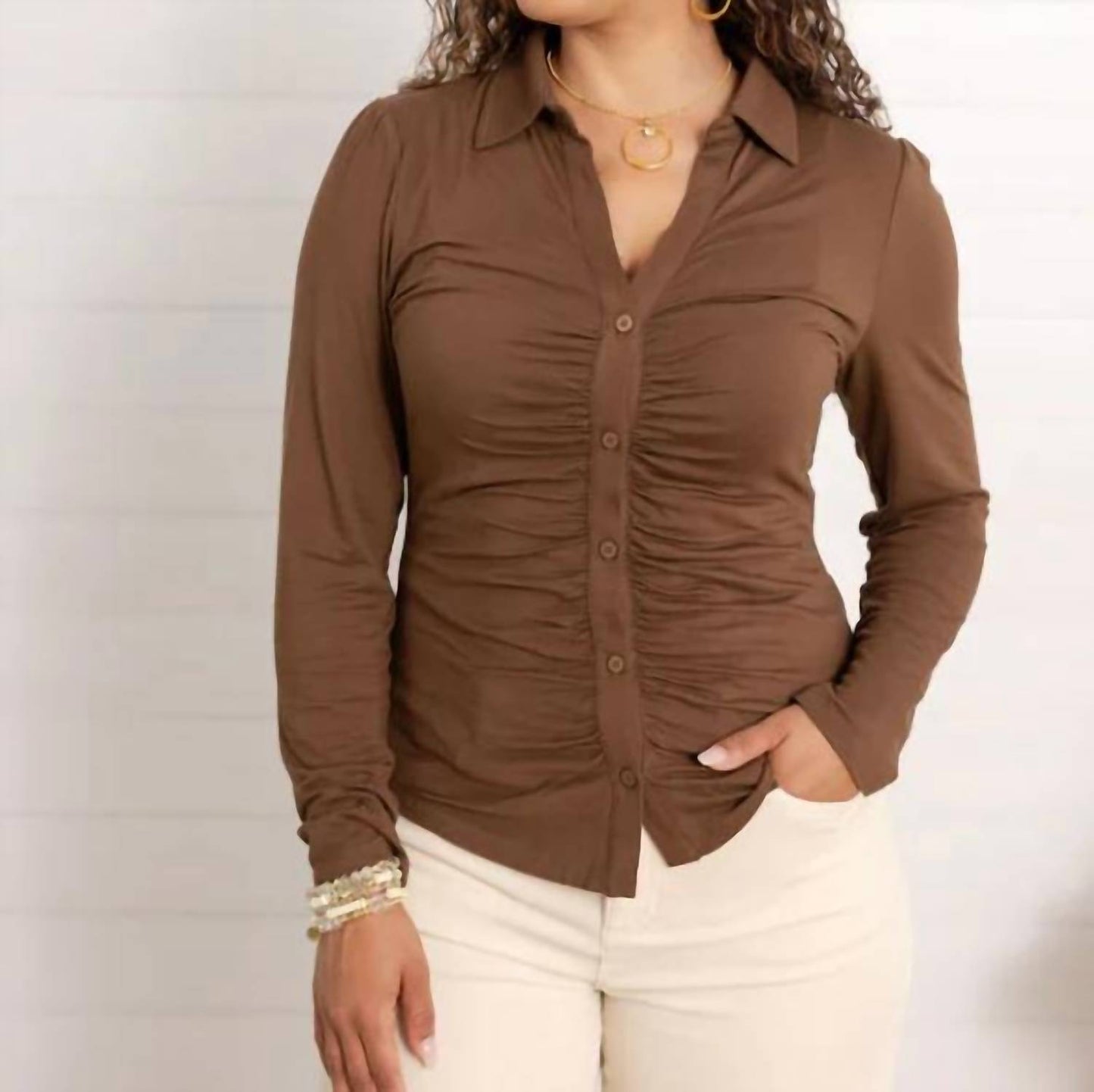 Ruched Placket Long Sleeve Top