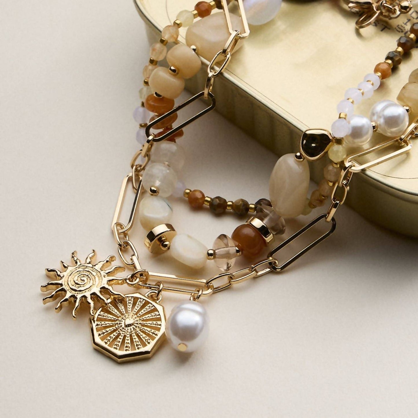 Women's Sun Charm Layered Beaded Necklace