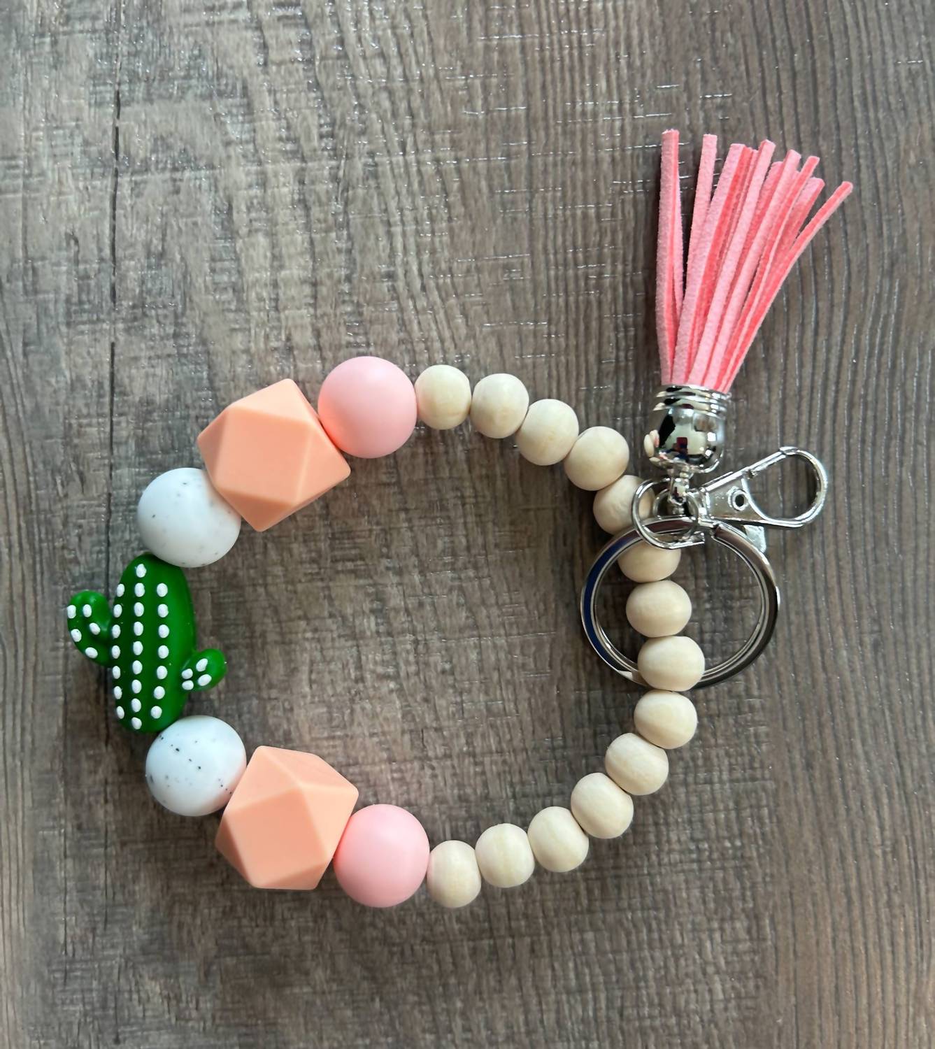 Women's Cactus Wood Silicone Beaded Wristlet Bag Charm