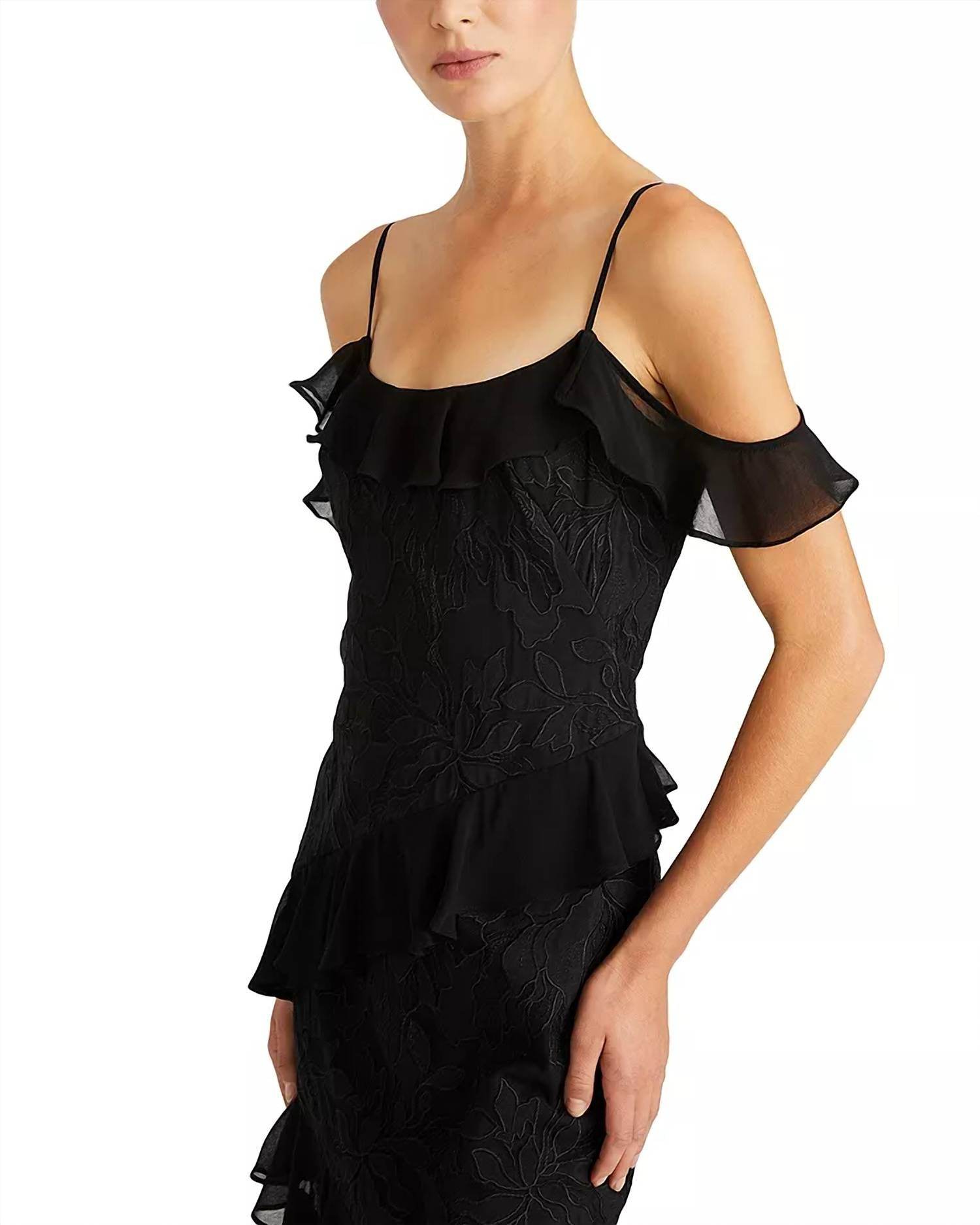 ML Monique Lhuillier - Siennaruffle Cold Shoulder Lace Gown Dress - Rack Hunt