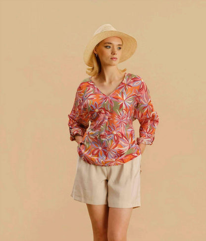 V-neck Dolman Sleeve Print Top