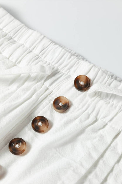 Elastic Waist Button Pleated Detail Wide Leg Pants