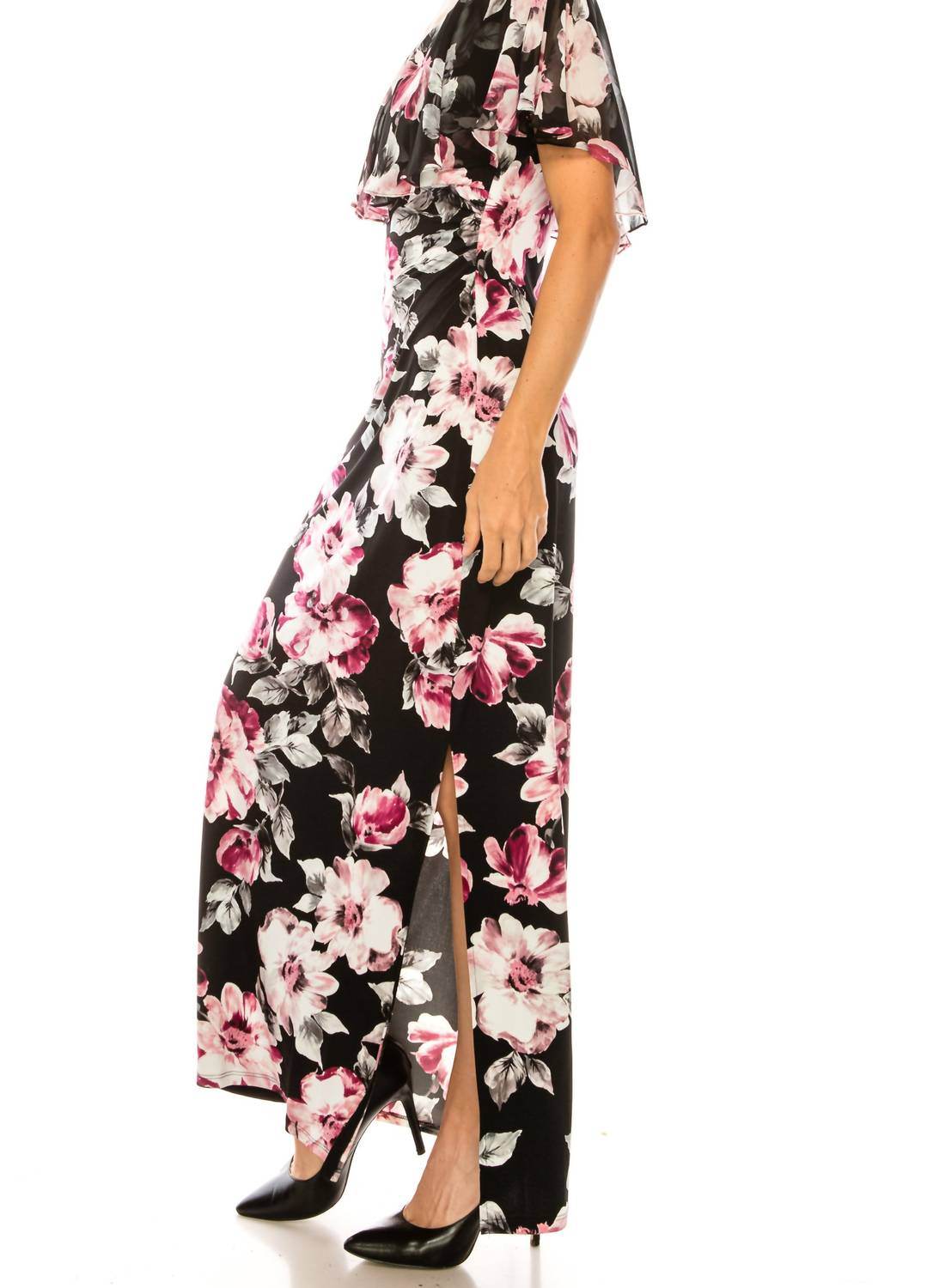 Connected Apparel - Floral Print Chiffon Cape Maxi Dress - Rack Hunt -