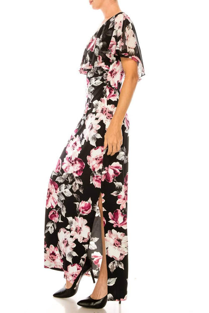 Connected Apparel - Floral Print Chiffon Cape Maxi Dress - Rack Hunt