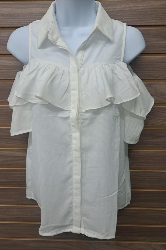 Women's Cold Shoulder Linen Button Up Blouse