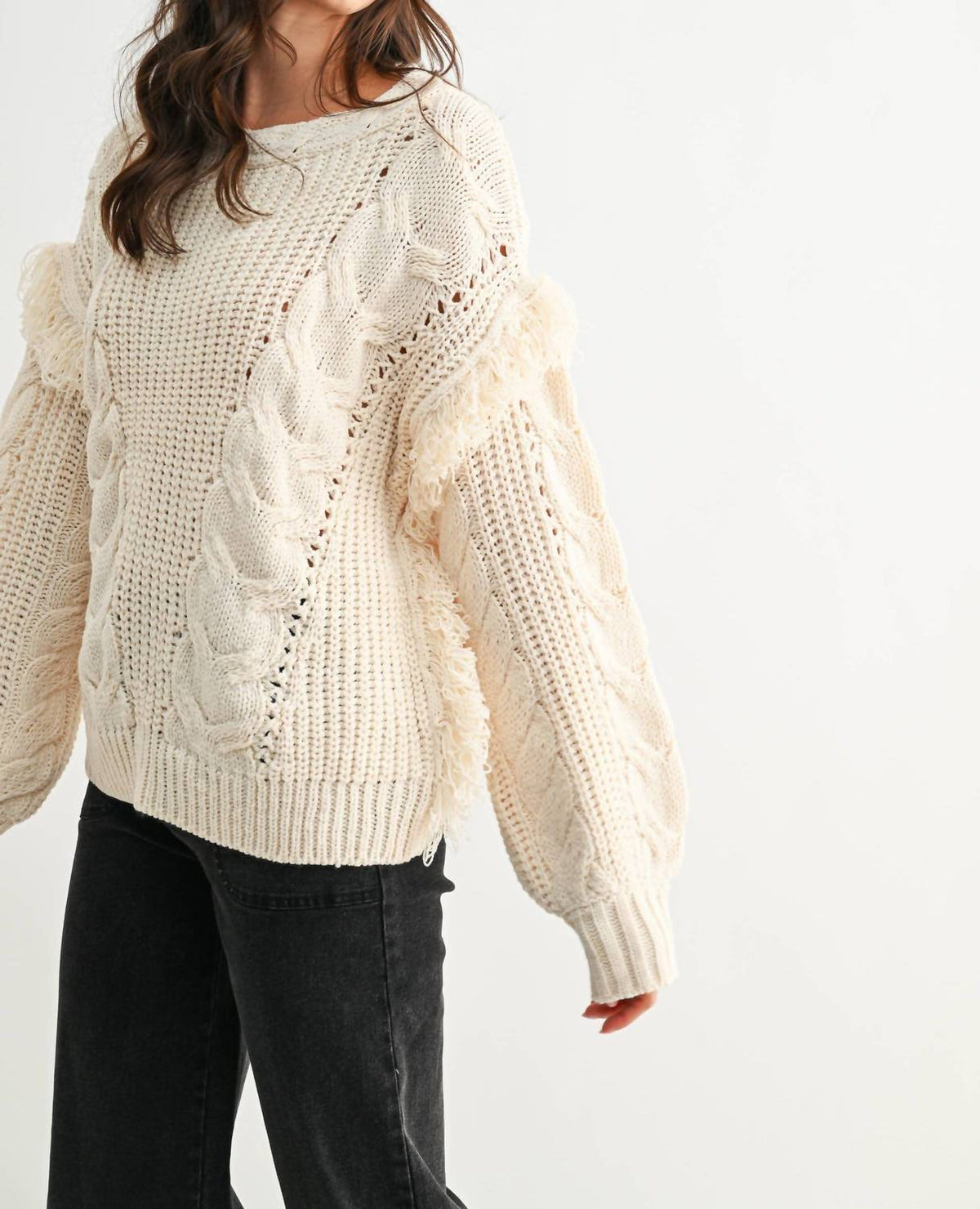 Fringe Detail Cable Knit Sweater