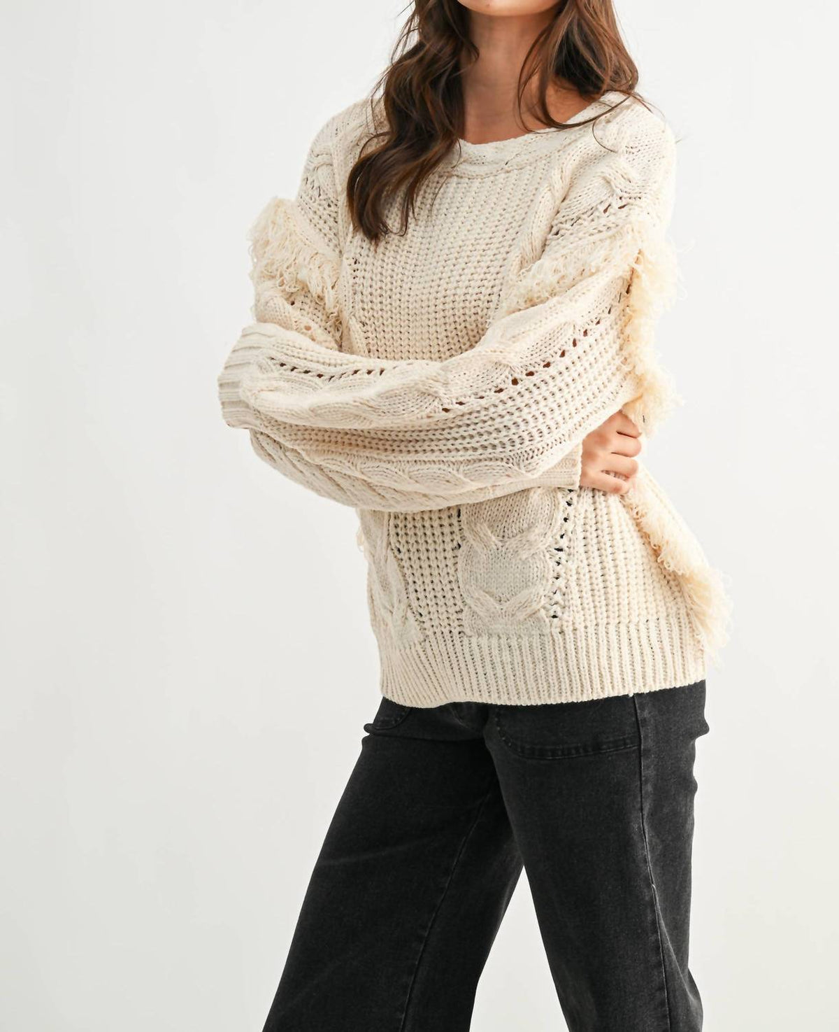 Fringe Detail Cable Knit Sweater