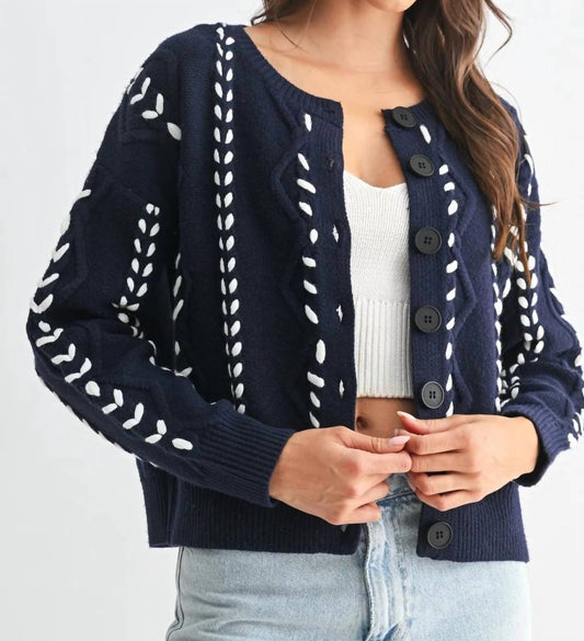 Camellia Women's Tori Ribbon Stitch Cable Knit Cardigan in Blue