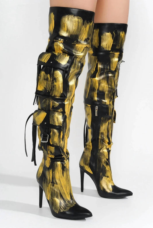 Women's Detroit Faux Leather Cargo Closed Toe Thigh High Boots