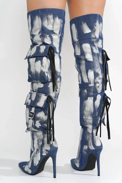 Women's Detroit Faux Leather Cargo Closed Toe Thigh High Boots