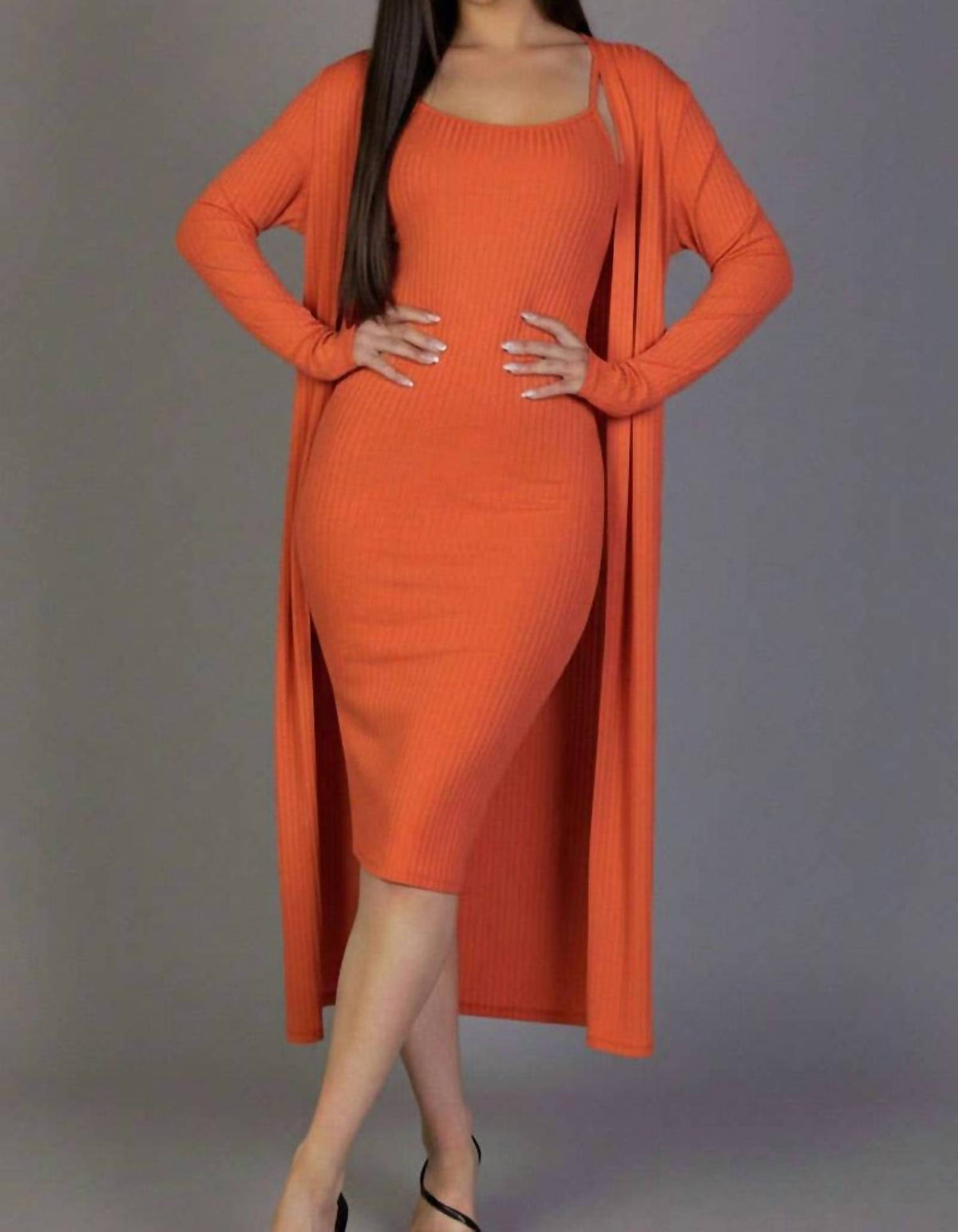 Ribbed Cardigan & Cami Midi Bodycon Dress