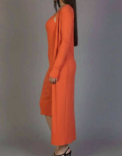 Ribbed Cardigan & Cami Midi Bodycon Dress