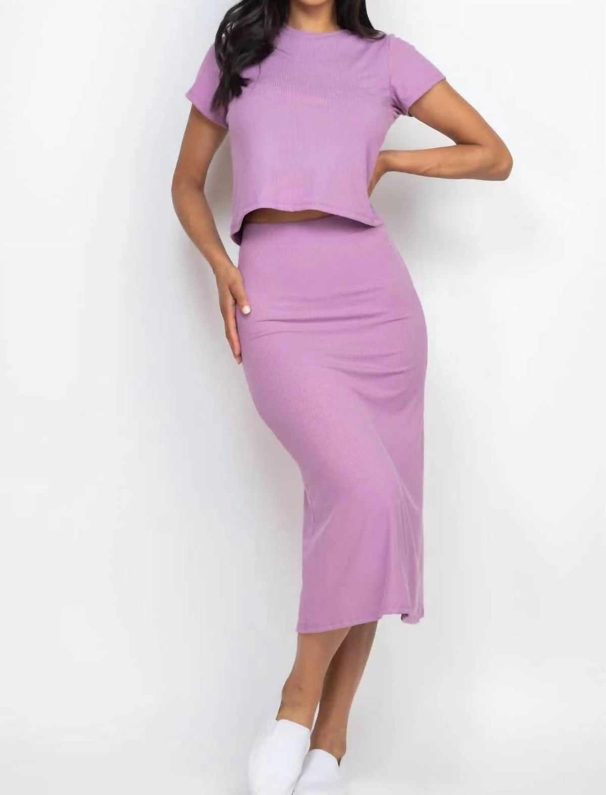 Ribbed Solid Top And Midi Skirt Set
