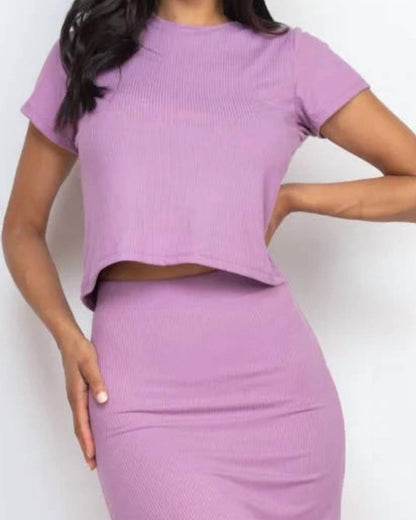 Ribbed Solid Top And Midi Skirt Set